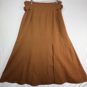 Vintage Style Rust Brown High Waisted Maxi Skirt Side Buckle Front Slit Crepe